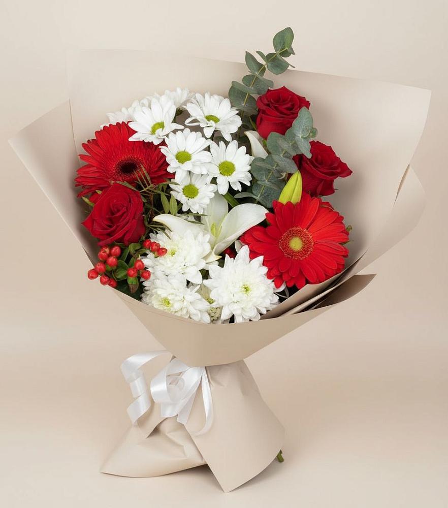 Букет цветов из: Розы, Хризантемы, Герберы и Лилии в Введенском Курганской области